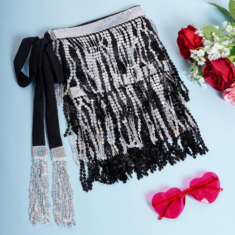 SUMERSHA Belly Dance Hip Scarf Sequin Tassel Skirt Wrap Sparkly Rave Costume for Women - Image 4